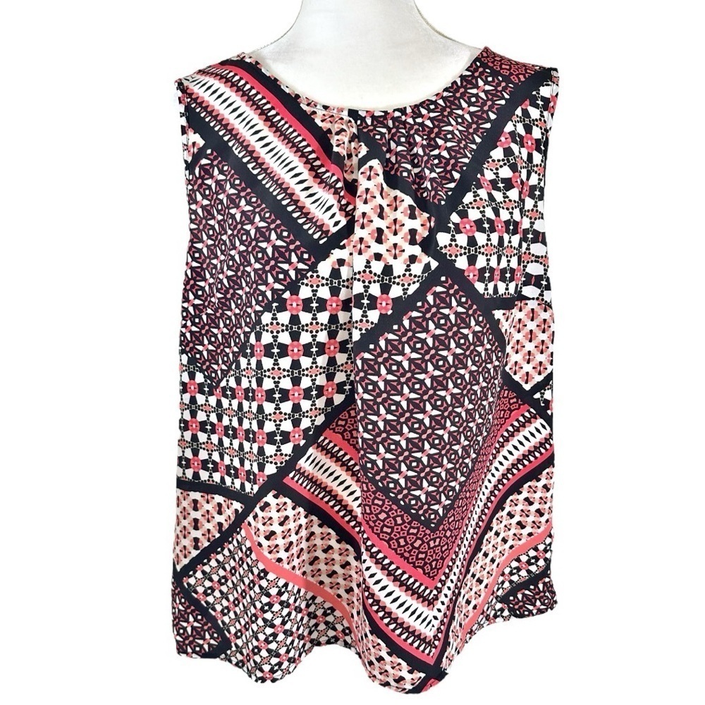 🌸Christopher & Banks- Pink/Black Pattern Flowy Sheer Tank Top Blouse- Size XL